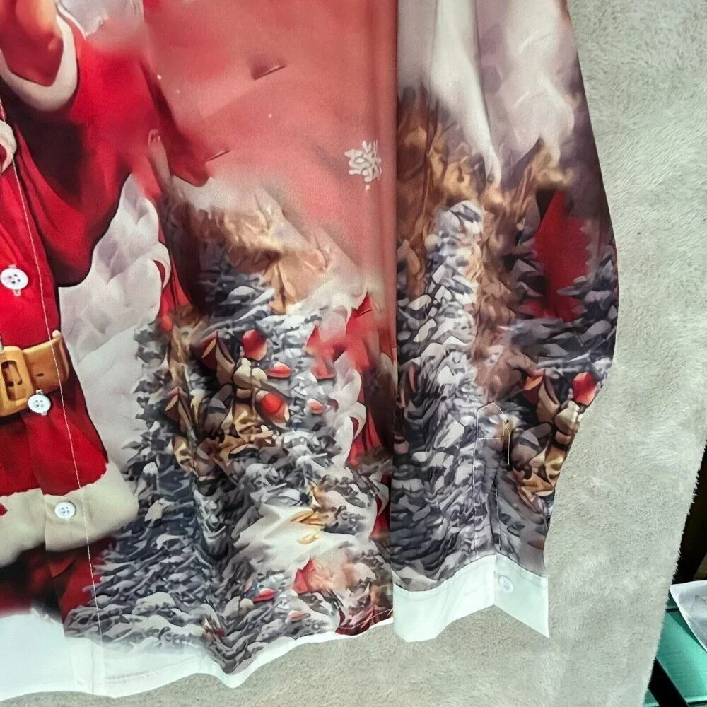 Santa Christmas Printed Polyester Long Sleeve Shirt Mens 3XL Holiday Party